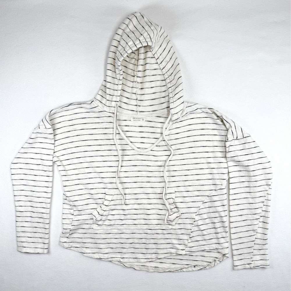 4Our Dreamers Womens Striped Cotton Knit Hoodie White Black V-Neck Size Medium